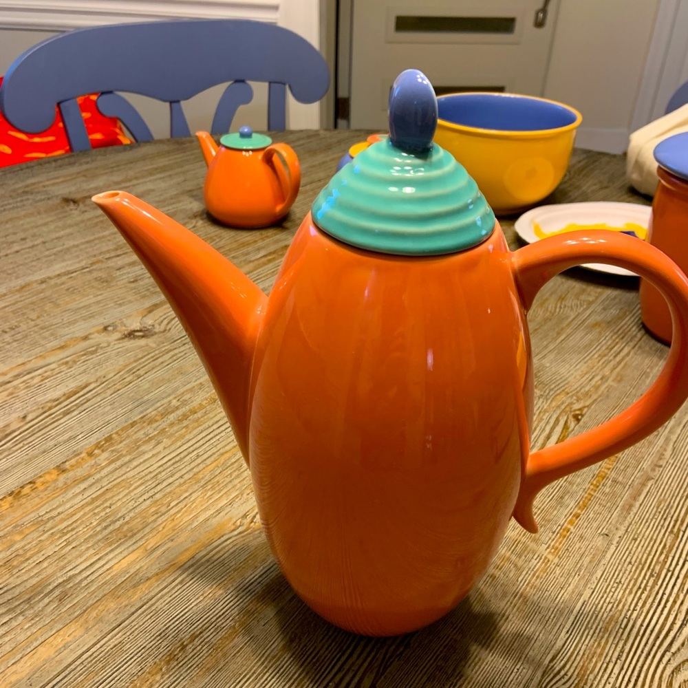 Lindt Stymeist Coffee Pot, Salmon Blue Green.  9” tall, crafted in Japan.